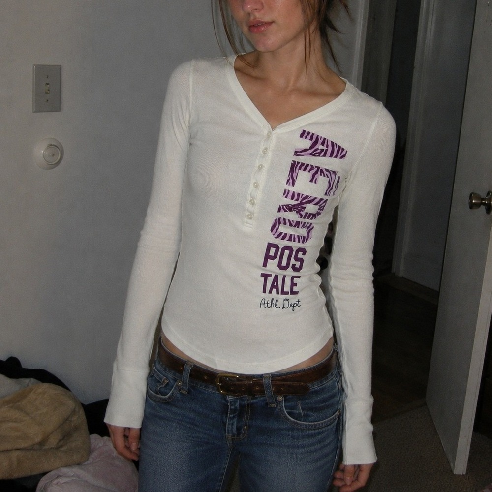 Y2K Aeropostale Henley Top Womens S White Purple Zebra Mall McBling Tight Preppy